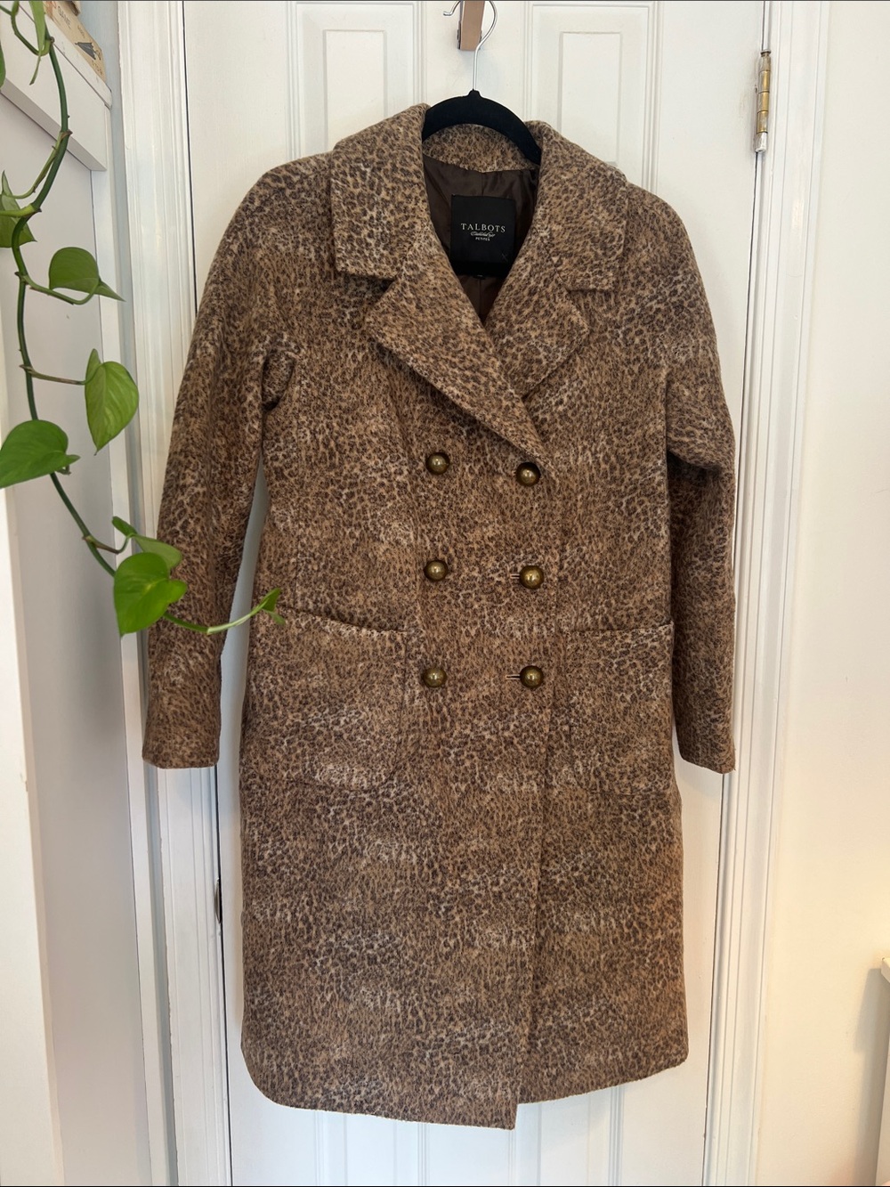Talbots Brown Leopard-Pattern Double-Breasted Pea Coat